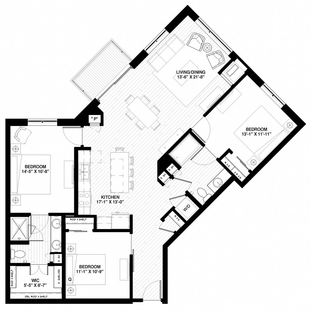 Floor plan for 3 beds, 2 baths, 1364 sqft